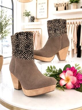 80/20 Brown Cruelty Free Block Heel Platform Ankle Booties w/Faux Mohair Accen